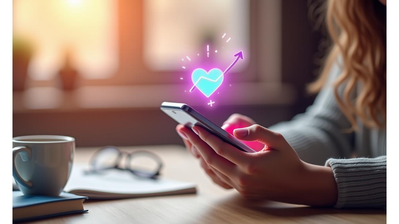 Kobieca dłoń trzyma smartfon z ikonami symbolizującymi zysk i serce, na tle rozmytego, ciepłego biurka z kubkiem kawy i notatnikiem. Reprezentuje zarabianie na pasji.